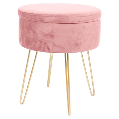 Harbour Housewares Velvet Round Foot Stool with Storage - Pink with Gold Legs - Modern Dressing Table Pouffe Footstool Vanity Seats Vanity Chairs Footstools for Living Room, Bedroom