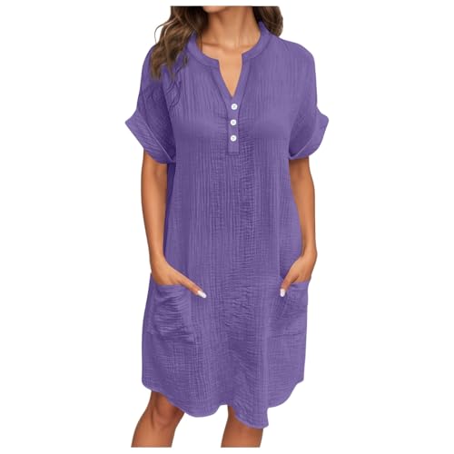 Generisch Musselin Kleid Damen Sommerkleid Damen Button Down Leinenkleid Strandkleid Casual V-Ausschnitt Minikleid Kurzarm Freizeitkleid Boho Kleid...