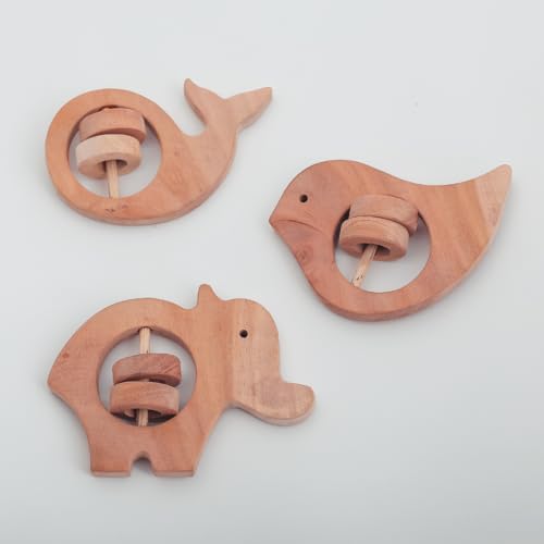 Image of Natural Neem Wood Baby Teether - Handmade Animal Shape Wooden Toy - Non-Toxic, Organic Chew Aid for Teething - Safe for Gums - Biodegradable, Eco-Friendly Gift for Infants & Toddlers (Neem Wood Baby Teether Set -3)