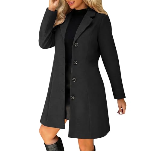 Women's Coats Winter Single Breasted Wool Blend Jacket Casual Lapel Collar Button Elegant Coat Windbreaker Jackets Ladies Long Sleeve Tops Mid Length Overcoat Comfortable Warm Plus Size Outerwear