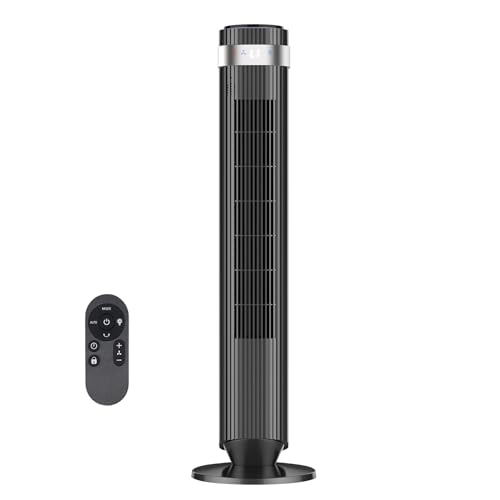 Tower Fan for Bedroom, 28dB Quiet Bladeless Oscillating Standing Fan with Remote, 5 Speeds & 4 Modes, 12H Timer, LED Display, 22.3ft/s High Velocity Cooling Floor Fan for Home, Office (Black)
