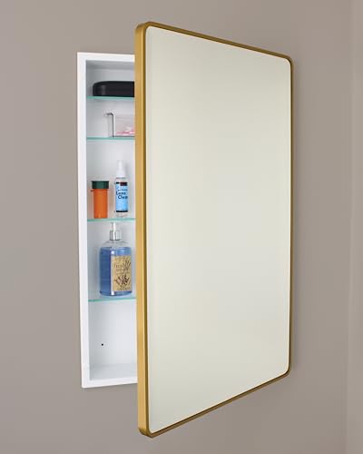 Image of 20x30 Austin Farmhouse Metal Framed Rounded Rectangle Recessed Bathroom Medicine Cabinet, Beveled Mirror, 18x28 in-Wall Opening, powder-coated Steel, Adjustable Glass Shelves, Magnet Close, Gold