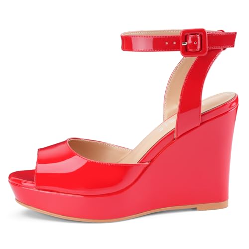 Image of Women's Dressy Platform Wedge Sandals Gold Wedges Peep Toe Patent High Heels Slingback Heeled Comfortable Ankle Strap Shoes