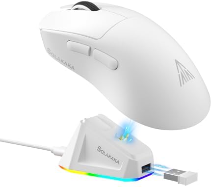 SOLAKAKA SM822 Wireless Gaming Mouse with Charging Dock, Tri-Mode Wireless Mouse, PAW3311 Optical Sensor, Up to 24,000DPI, 62g Lightweight Mouse with 5 programmable Buttons, for PC, Laptop (White)