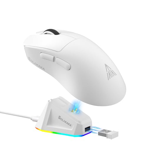 SOLAKAKA SM822 Wireless Gaming Mouse with Charging Dock, Tri-Mode Wireless Mouse, PAW3311 Optical Sensor, Up to 24,000DPI, 62g Lightweight Mouse with 5 programmable Buttons, for PC, Laptop (White)