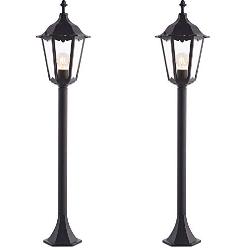 2 Pack | 1M Outdoor Lamp Post Lantern Light | Matt Black & Clear Glass | Traditional Garden Bollard Lamp | Patios, Pathways & Driveways |60W E27 LED Compatible | IP44 External Weatherproof Lighting