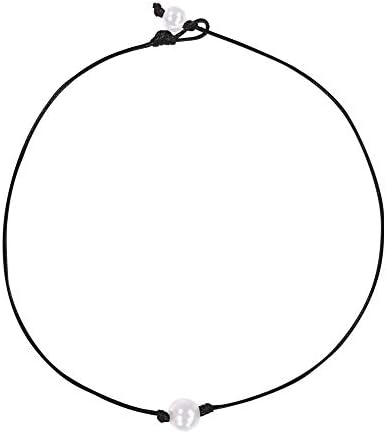 Liumart Single Pearl Choker Necklace on Genuine Leather Cord Handmade Jewelry Gift