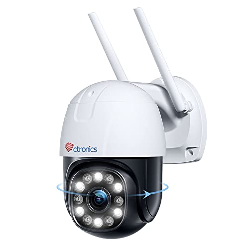 Ctronics Réel 360° 2K 4MP Caméra Surveillance WiFi, IP Caméra de Surveillance Exterieure Balayage Auto PTZ 360°90° Suivi Auto Détection Humaine 30m Vision Nocturne Colorée Audio Bidirectionnel IP66 Cover