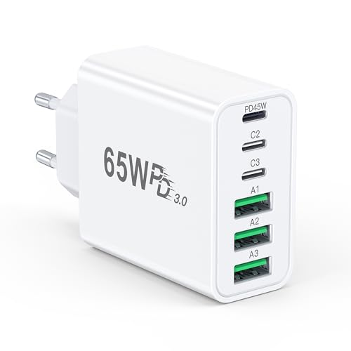 ANYKON 65W USB C Ladegerät 6 Ports USB C Schnellladegerät PD 45W USB Wand-Ladegerät Fast Charge EU Reise Ladeadapter für iPhone 17/16/15/14/13/12/11 Pro Max Samsung Galaxy iPad Tablets Handys