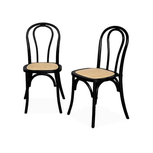 sweeek - Lot de Deux chaises Vintage en Bois avec Assise en rotin et Dossier Arrondi Coloris Noir
