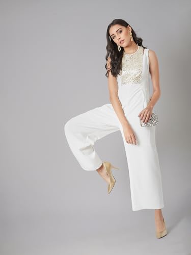 Image of Miss Chase Women's Halter Neck Sleeveless Solid Wide Leg Sequin Paneled Regular Length Jumpsuit