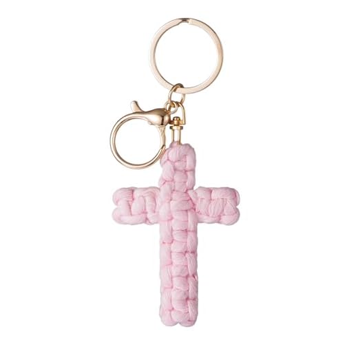 Macrame Cross Keychain,Jesus Key Chain Christian Car Accessories Handmade Soft Cross Keychain Charm Cute Baptism Faith Inspired Boho Decor for Women Men Religious Gifts(Pink)