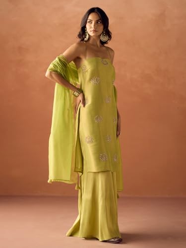 Image of FIORRA Women Lime Green Tissue Blend Hand Embellished Kurta Set with Dupatta