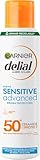 Garnier Delial Sensitive Advanced Bruma Protectora Solar Muy Alta Protección FPS 50+. Para pieles claras, sensibles e intolerantes al sol. Resistente al agua. 0% graso, 0% pegajoso. 150 ml