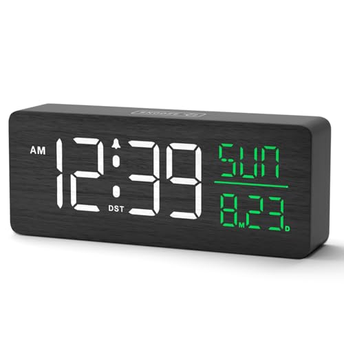 Image of Peakeep Wooden Digital Alarm Clock Large Display, Textured Decoration | for Bedroom Living Room Desk Table, Electric Plug-in Clock Battery Backup with Time Date Day, 5 Brightness, Auto DST