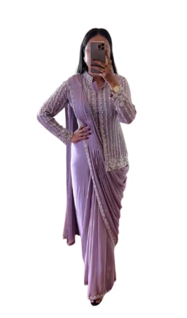 Lehenga Choli Indo-Western Draped Set For Womens And Girls Trending Embroidery cording work ready to wear saree with Embroidery Blouse indowestern Wedding Saree (Purple)-picture-26
