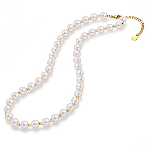 Pearl Necklace for Women,Round Shaped Pearl Strand Necklace 6-8mm Genuine Freshwater Pearl Princess Classic Necklace Choker Bridal Jewelry Gifts for Women Girl Birthday Anniversary 16"+2" Adjustable Chain, Pearl, pearl necklace