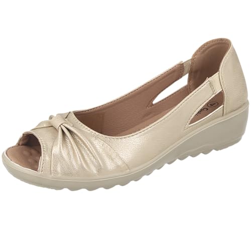 Image of Cushion Walk Women's Standard Fit Or EEE Wide Fit Slip-On Summer Shoes Sandals (Gold, UK Footwear Size System, Adult, Women, Numeric, X-Wide, 7)