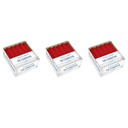 Cereria Di Giorgio - 3 confezioni da 50 Candele Coniche - Diametro 2,2 cm Altezza 21 cm - Colore Rosso - Durata 5 ore - Standard per candelabro -