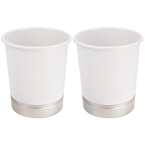 mDesign Decorative Round Metal Small Trash Can Wastebasket Organizer Garbage Container Bin for Bathrooms Kitchens Home Offices - 2 Pack - WhiteSatin