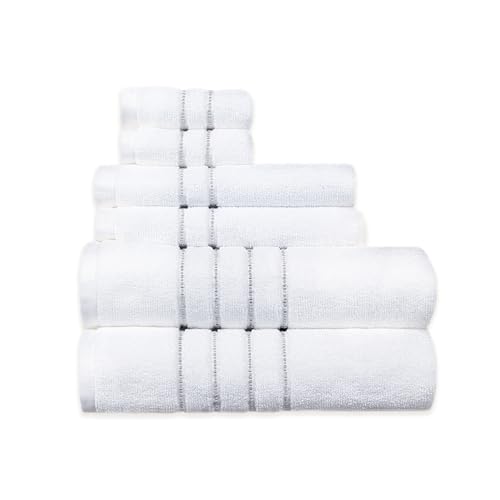 Wellness Hydration Stripe 100% Cotton 550 GSM 6 Piece Bath Towel Set, Soft & Absorbent, Quick Dry, 2 Bath 27x54, 2 Hand 16x28, 2 Wash 13x13, White with Gray Mist Stripes, Oeko-TEX® Certified