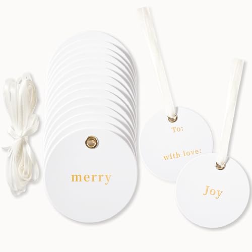 Lortarl Christmas Gift Tags - Premium Round Gift Tags Gold Foil, “Merry”, “Joy”, “to” and “with Love”, Set of 30 with Satin Ribbon, 2.5'' x 2.5'' Lortarl Christmas Gift Tags - Premium Round Gift Tags Gold Foil, “Merry”, “Joy”, “to” and “with Love”, Set of 30 with Satin Ribbon, 2.5'' x 2.5''
