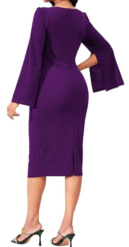 Image of Dresses for Women Elegant Long Sleeves Ruffles Pencil Knee Length Split Business Dress with Belt Zipper