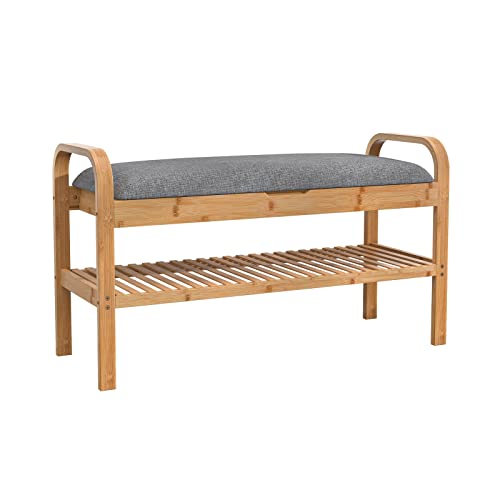 Qssllc Bamboo Storage Shoe Rack Bench With Hidden Storage Underseat, 2-Tier Entryway Bench With Handle And Flip-Up Cushion For Bathroom, Entryway, Hallway, Bedroom And Mudroom #TOP7