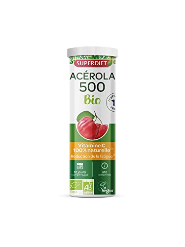 SUPERDIET- ACÉROLA 500 BIO - Haute concentration en Vitamine C- Réduction de la fatigue - Tube 12 comprimés à croquer