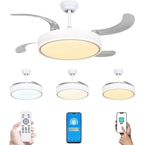 Ventilador de techo con luz LED 36W Blanco en 3 Temperaturas de Luz con Mando a Distancia -Motor DC Eficiente y Silencioso, 3 tonalidades, aspas desplegables retráctiles, 6 velocidades (F8808)
