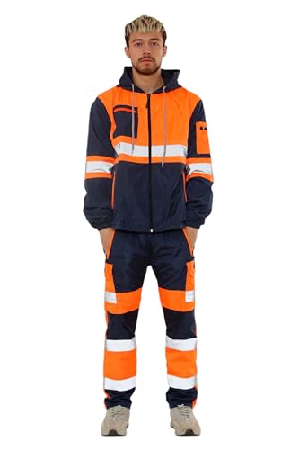 AR Paris Fashions® Hi Vis Waterproof Rainy Tracksuit, Mens High Visibility Reflective Tape Safety Workwear Rain, Construction, Road Work Hood Jacket & Pants Set (Orange, M)