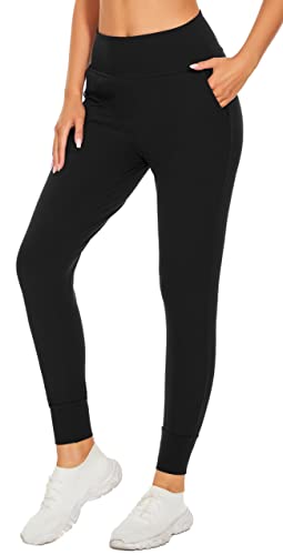 FULLSOFT Pantalones deportivos para mujer, con bolsillos, para yoga, entrenamiento, correr, Negro (sin cordón)., Large
