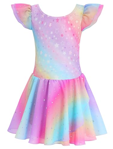 MdnMd Flutter Sleeve Dance Skirted Leotard Ballet Dress Clothes for Ballerina Girls (Age 6-8, Rainbow)