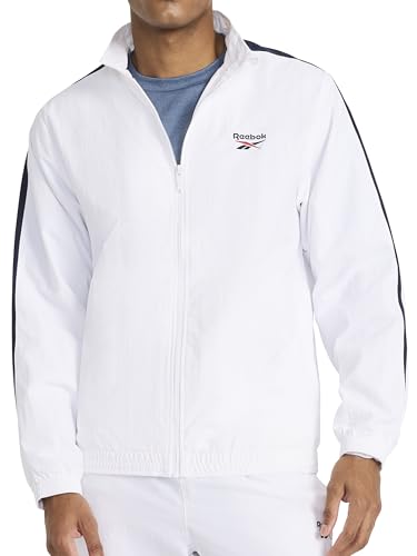 Reebok Men’s RI Cross Check Woven Jacket, Standard Fit, Lightweight Nylon Fabric, White, Small