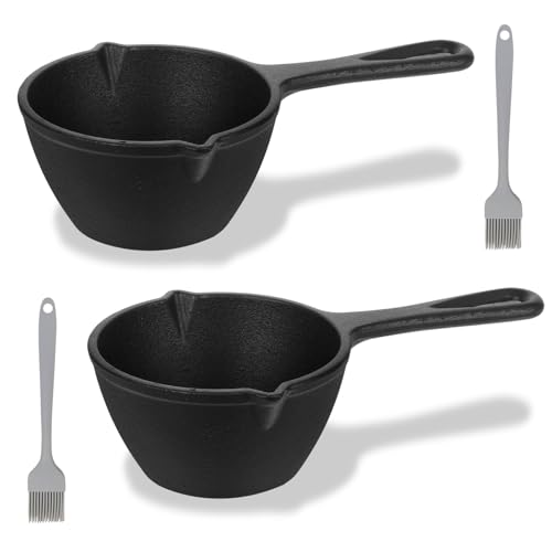 2 Pcs Cast Iron Sauce Pan and Basting Pot with Handle and BBQ Mop Brushes, Heavy Cast Iron Roasting Pans Small Sauce Pots for Grilling Melting Camping Cooking