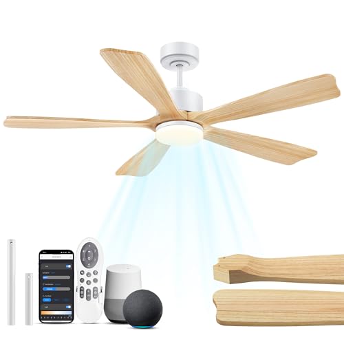 52 Inch Smart Ceiling Fan with Lights, Alexa/Google Voice Control, Quiet DC Motor, 6-Speed, Solid Wood Blades, Dimmable LED, 1-12H Timer, App & Remote Control, Modern Ceiling Fan for Bedroom, Patio