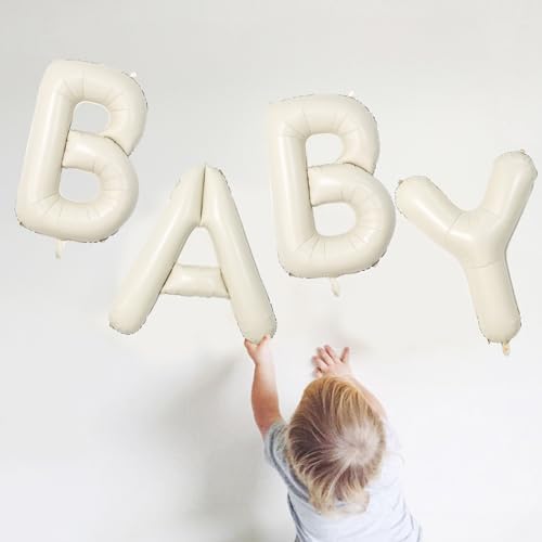 Image of 40 Inch Beige BABY Balloon for Baby Shower, Large Cream White Baby Foil Balloons Letters with Ribbon, Neutral Ivory Alphabet Baby Mylar Balloon Banner Sign for Gender Reveal Backdrop Party Decorations