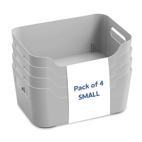 Image of KOLORR Jolly Plastic Small Baskets with Handle for Storage Box| Multipurpose Light Weight Plastic Baskets organiser for Make-up Stationary Cosmetics Kitchen Livingroom Bathroom | Pack of 4 - Grey