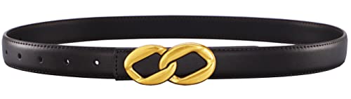 Womens Thin Belts Skinny Leather Dress Belt, Gold Double Ring Buckle for Jeans Pants