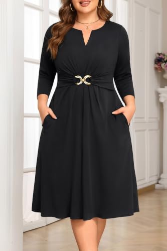 Image of Plus Size Wedding Guest Dress Fall Semi Formal 3 /4 Sleeve A-line Midi Dress