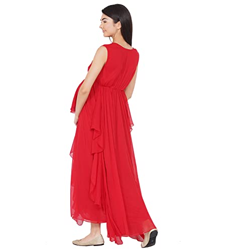 Image of Mine4Nine Women's Maternity Solid Red Color Maxi Baby Shower Dress for Women /Soft Comfortable Nursing Dress with Front Button Attached for Post-Pregnancy