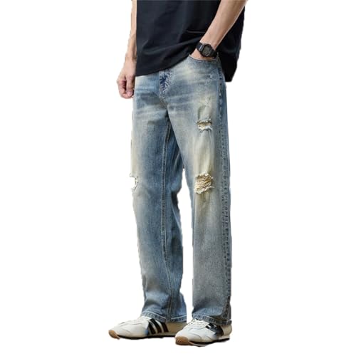 Men Loose Fit Distressed Denim Wide Leg Pants Hollow Out Trousers Vintage Motocycle Ripped Jeans