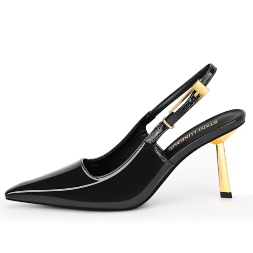 Slingback Heels Sandals for Women Patent Leather Metal Buckle Pointed Toe Sexy Casual Daily Dressy Wedding Shoes