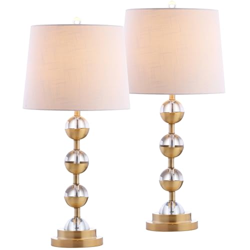 JONATHAN Y 27.5" Clear/Brass Gold Crystal LED Table Lamp Set of 2 for Bedroom, Modern Stacked Sphere Lamps for Living Room, White Linen Drum Shade, LED Bulbs Included JYL2049A-SET2