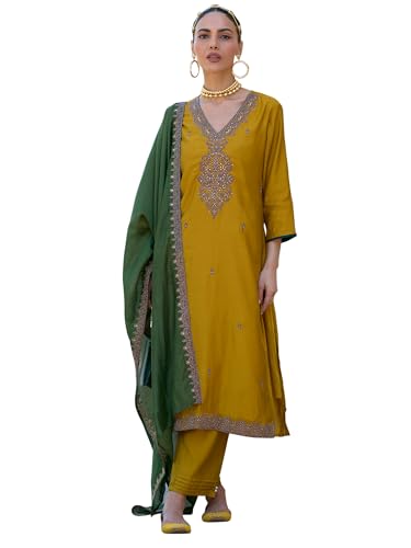 Image of INDO ERA Women's Silk Blend Embroidered Straight Kurta and Pant with Dupatta Set (KH9BK6210)