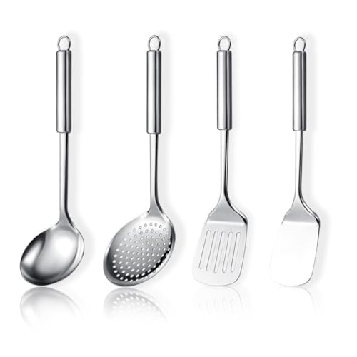 ReaNea Juego de utensilios de cocina de acero inoxidable de 4 piezas que incluye juego de espátula de metal, espumadera de cocina, cucharón de sopa esenciales para el nuevo hogar debe tener