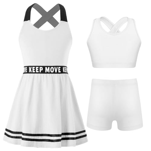 renvena Robe de Tennis Enfant Fille Survêtements 3 Pièces Débardeur & Short & Robe Dos Bretelles Croisées Tenue de Sport Jogging Badminton Golf 6-14 Ans A Blanc 11-12 Ans
