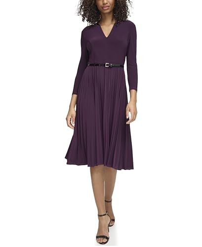 Image of Tommy Hilfiger Women's Long Sleeve V-Neck Belted Pleated Skirt A-Line Midi Dress