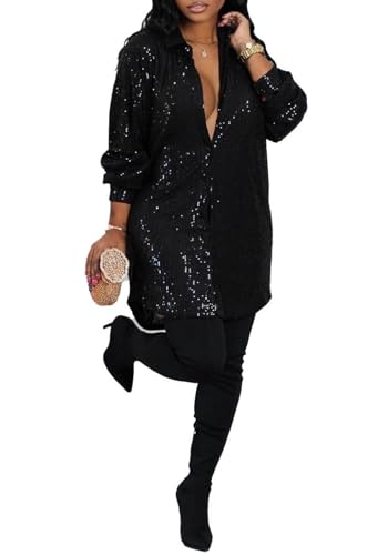 Vaceky Sequin Shirt Dress Women Collared Button Down Long Sleeve Flowy Tunic Dresses
