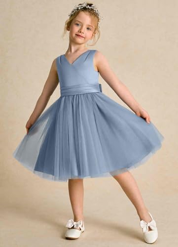 Sleeveless V-Neck Satin Flower Girl Dress V-Back Tulle Skirt Hem Junior Bridesmaid Dress Knee Length with Bows4